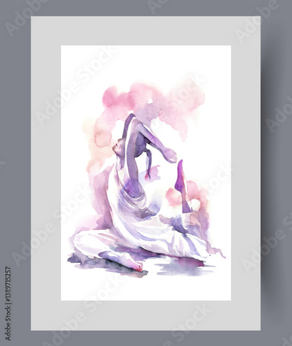 Woman doing fitness or pilates demonstrating flexibility on wall art. Watercolor artwork. Print with girl passionate about pilates, which helps improve health, in frame with decor for poster