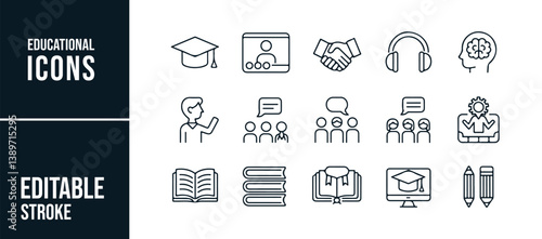 Set of Educational Icons Including Graduation, Brain, Books, and Learning Tools in Editable Stroke Style