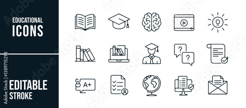 Set of Educational Icons Including Graduation, Brain, Books, and Learning Tools in Editable Stroke Style