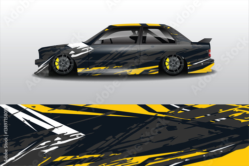 Sleek modified car design with bold yellow and gray graphics, showcasing a unique style for automotive enthusiasts