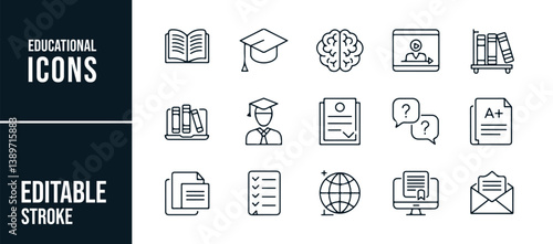 A Collection of Educational Icons Featuring Graduation, Brain, Books, and Learning Tools in Editable Stroke Style
