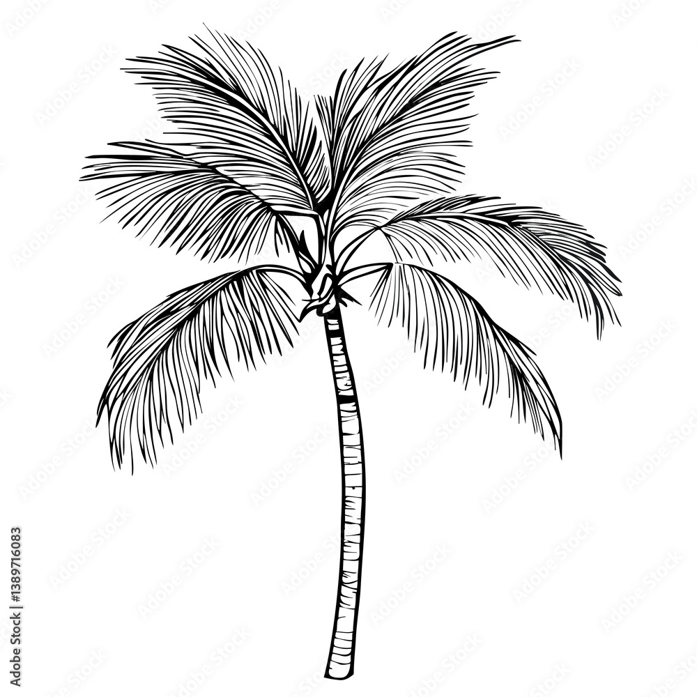 Fototapeta premium A vector detailed illustration of a palm tree with long, slender trunk and lush, feathery fronds.