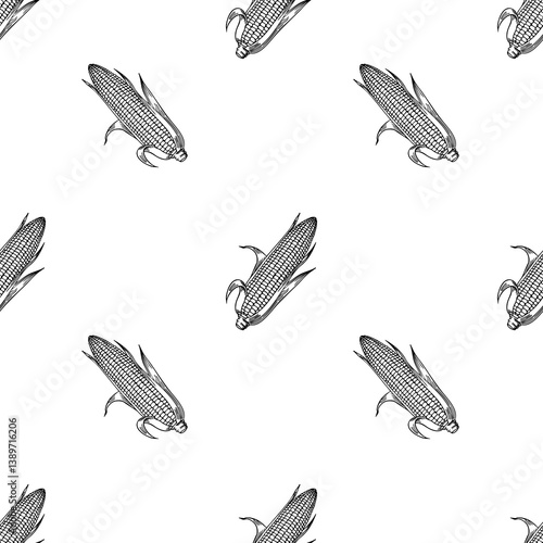 A vector seamless pattern featuring hand-drawn corn cobs on a white background. The corn cobs are illustrated in a detailed, black line art style, creating a vintage aesthetic.