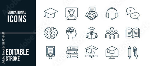 A collection of educational vector icons, including graduation caps, books, brain, study materials, communication, and team collaboration symbols. Perfect for e-learning, education