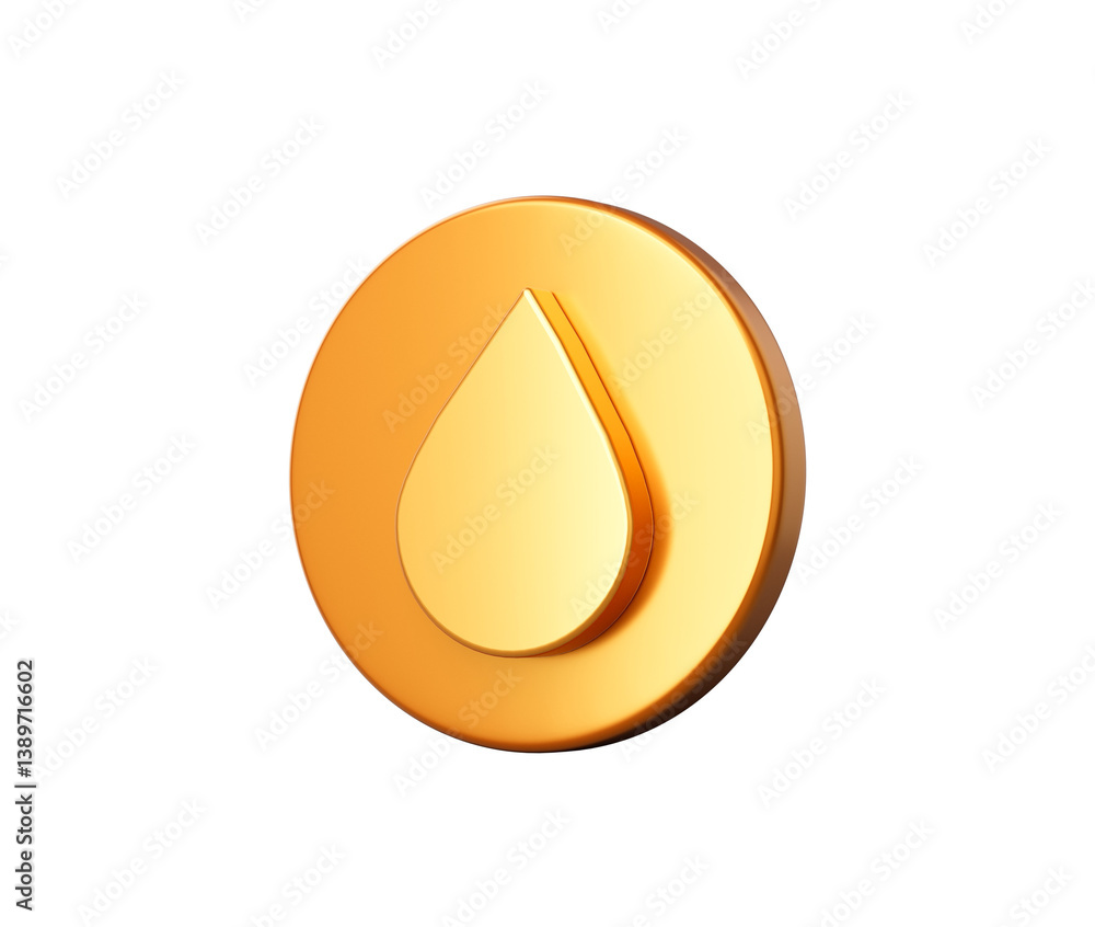 3d Golden circular button with a white droplet symbol in the center. 3D Illustration. 3d Golden circular button with a white droplet symbol in the center. 3D Illustration.