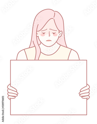A melancholic woman stands holding a blank sign, openly expressing her deep emotions of sadness and contemplation