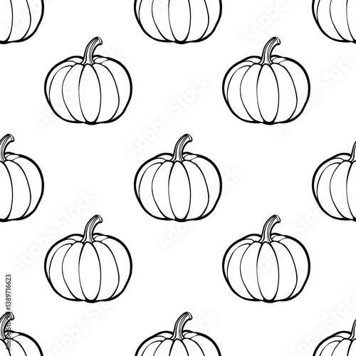 A vector seamless pattern featuring hand-drawn outline pumpkins on a white background. The pumpkins are depicted in various sizes and orientations, creating a whimsical autumn feel.