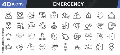 Emergency icons set. Web line icons collection related SOS, safety, alarm, urgency, warning. Editable stroke. Perfect pixel vector illustration isolated on white background.