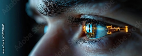 Close-up human eye linked to artificial biotechnology interface concept. Close-up of a futuristic eye reflecting digital technology.