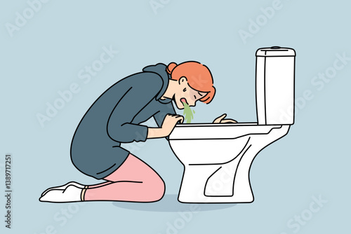 Woman vomits into toilet due to food poisoning or alcohol intoxication caused by consumption of high-quality products. Symptom of cardiac stroke in girl who vomits and feels sick for no reason