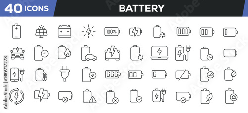 Battery icons set. Web line icons collection related power, energy, charging. Editable stroke. Perfect pixel vector illustration isolated on white background.