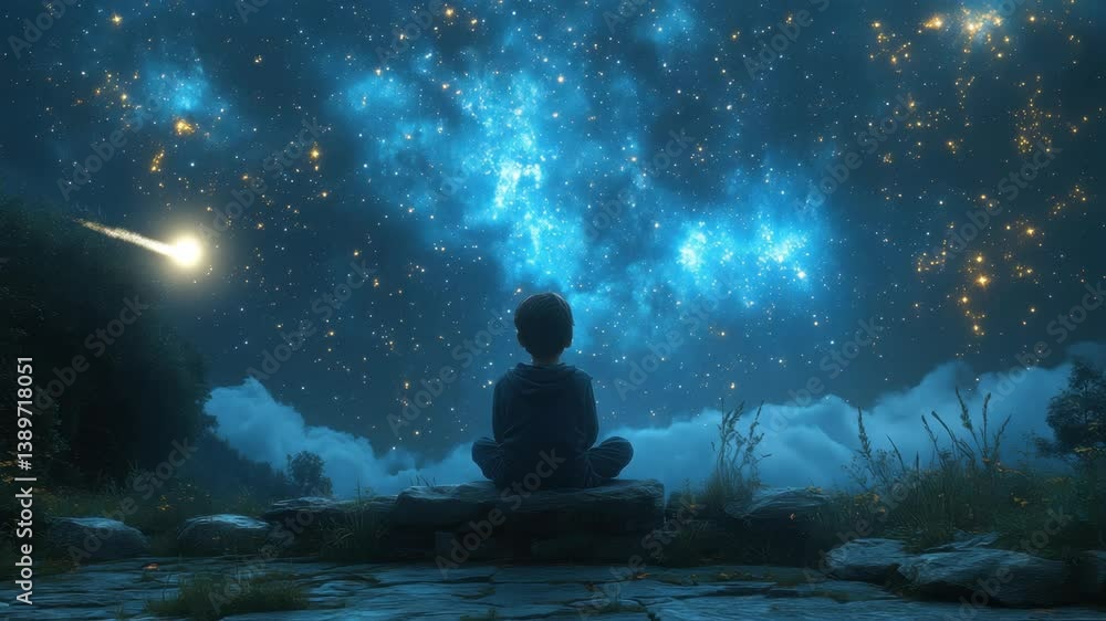 Child gazes at a mystical night sky filled with stars and galaxies in a serene outdoor setting Child gazes at a mystical night sky filled with stars and galaxies in a serene outdoor setting