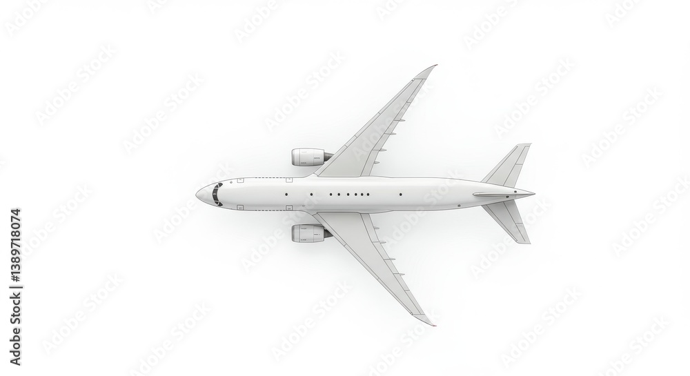 Aerial view of a white passenger airplane flying against a bright white clear sky background today Aerial view of a white passenger airplane flying against a bright white clear sky background today