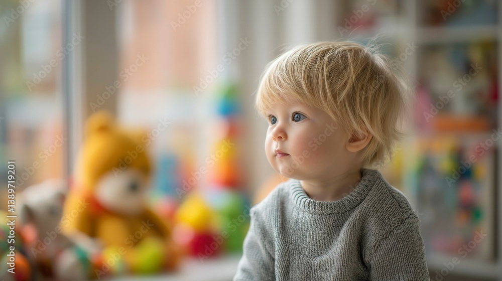 Curious baby boy exploring his nursery, surrounded by colorful toys. Innocence and wonder in early childhood discovery. Curious baby boy exploring his nursery, surrounded by colorful toys. Innocence and wonder in early childhood discovery.