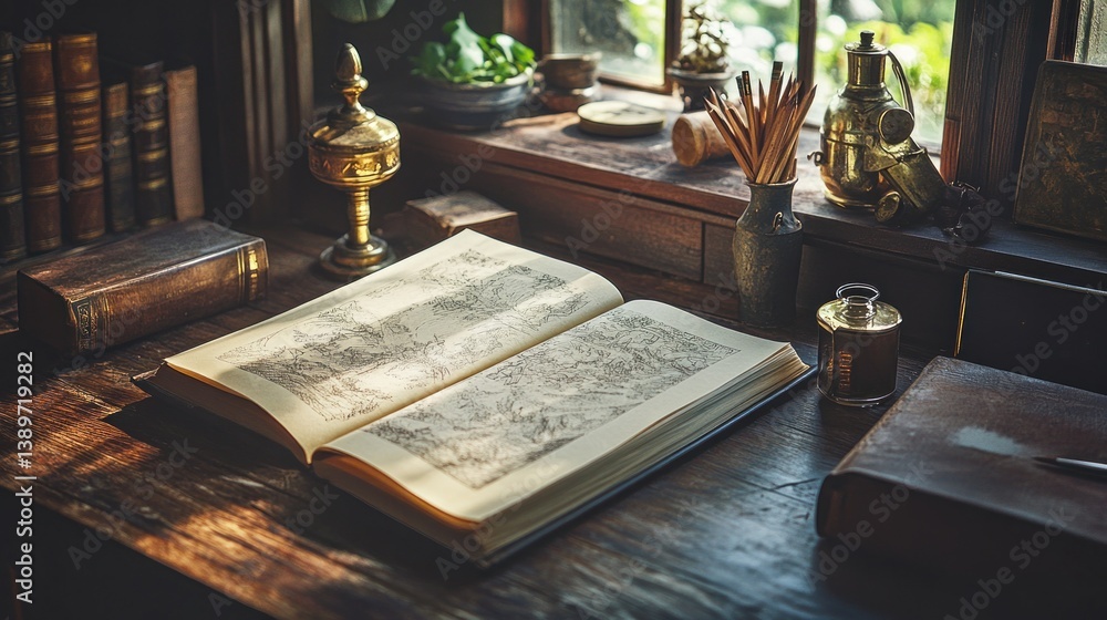 Antique book open on wooden desk, sunlit window Antique book open on wooden desk, sunlit window