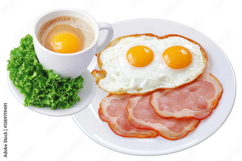 Delicious Realistic Photo of Fried Egg Bacon and Coffee Breakfast on White Plate Delicious Realistic Photo of Fried Egg Bacon and Coffee Breakfast on White Plate