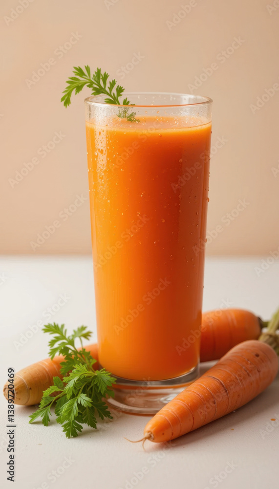 Healthy Carrot Drink with Green Tops on Light Surface Healthy Carrot Drink with Green Tops on Light Surface