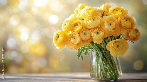Bouquet of yellow ranunculus flowers in vase on wooden table