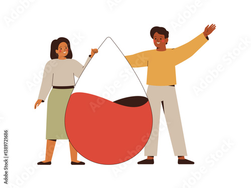 Blood donation concept with happy people stand near big red drop. transfusion and prevention hypercoagulation disorders, care and voluntary vector illustration