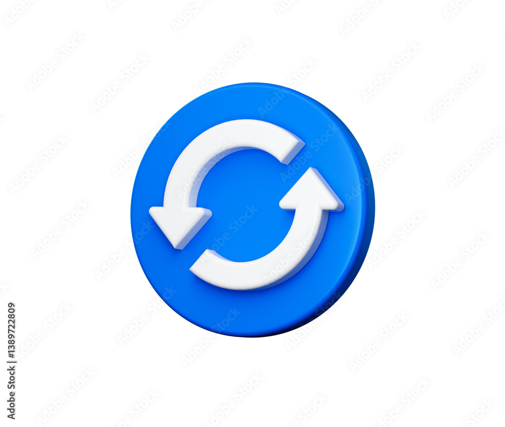 Blue circular button with a white refresh icon featuring two curved arrows, 3d illustration Blue circular button with a white refresh icon featuring two curved arrows, 3d illustration