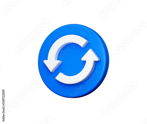Blue circular button with a white refresh icon featuring two curved arrows, 3d illustration