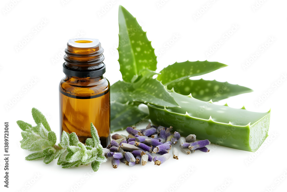 Amber Essential Oil Bottle with Fresh Aloe Vera, Lavender, and Sage Leaves on White Background Amber Essential Oil Bottle with Fresh Aloe Vera, Lavender, and Sage Leaves on White Background