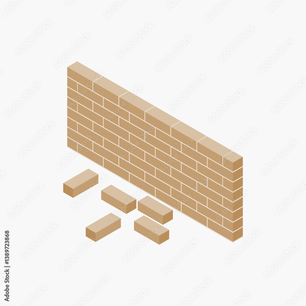 Isometric illustration showing brick wall segments in various configurations Isometric illustration showing brick wall segments in various configurations