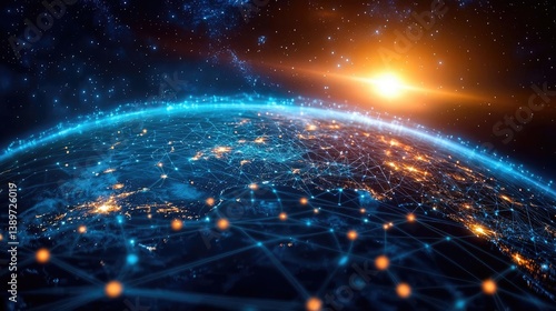 Earth with glowing network integrating wireless data grid concept. A stunning view of Earth with digital connectivity and sunset glow.