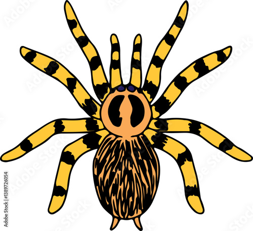 dark yellow tarantula spider with striped legs hand drawn with curved black lines contours, top view