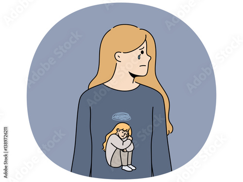 Woman cries due to stress and depression caused by psychological trauma in childhood, dressed in t-shirt with little crying girl. Psychological concept with female teenager needing psychotherapist