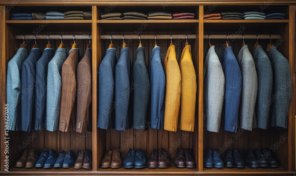 Elegant collection of tailored suits displayed in a stylish wardrobe Elegant collection of tailored suits displayed in a stylish wardrobe