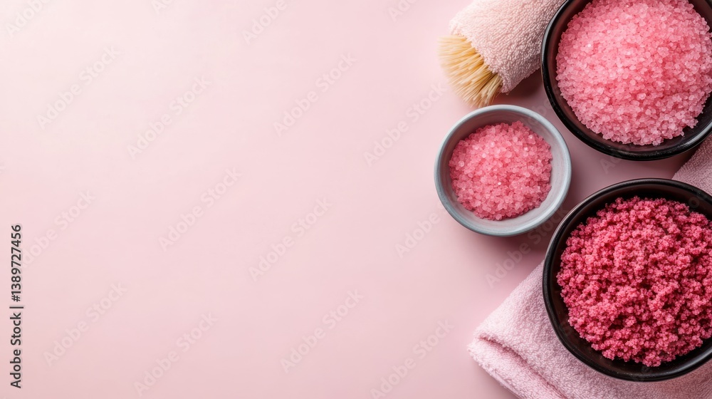 Vibrant pink bath salts and a fluffy towel sit on a pastel backdrop, exuding a sense of luxury and self-care indulgence. Vibrant pink bath salts and a fluffy towel sit on a pastel backdrop, exuding a sense of luxury and self-care indulgence.