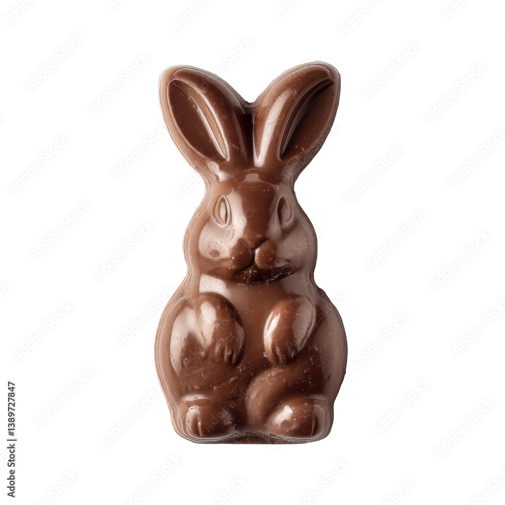 A chocolate bunny figure, crafted in a traditional style, showcases its detailed ears and paws, making it an appealing treat for festive occasions.