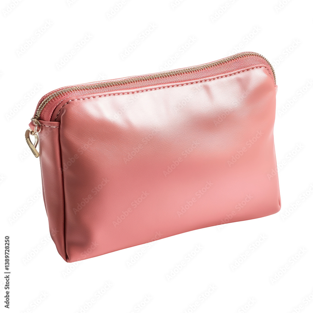 A sleek, pink cosmetic pouch with a zippered closure, designed to hold beauty essentials and accessories. A sleek, pink cosmetic pouch with a zippered closure, designed to hold beauty essentials and accessories.
