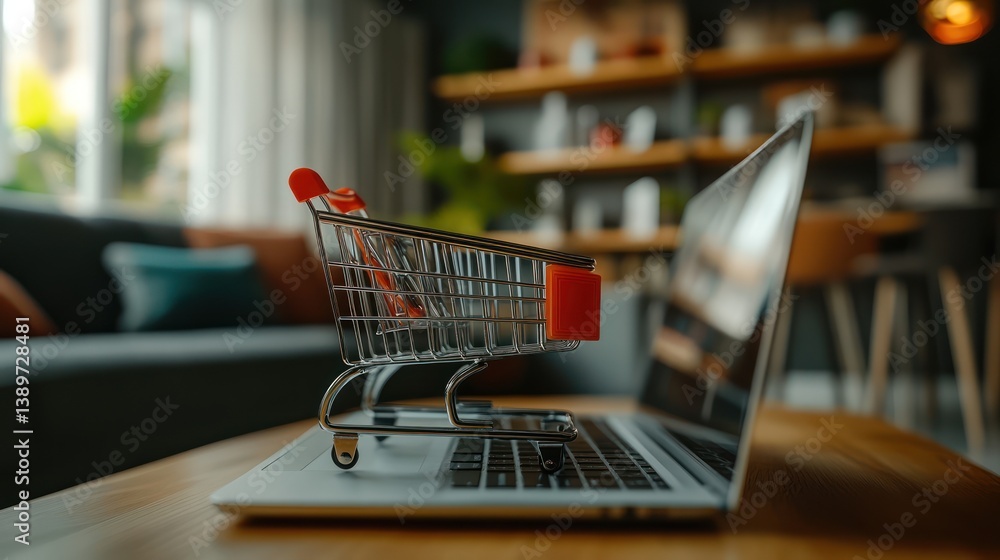 Shopping cart on laptop for online purchase at home, e-commerce concept Shopping cart on laptop for online purchase at home, e-commerce concept