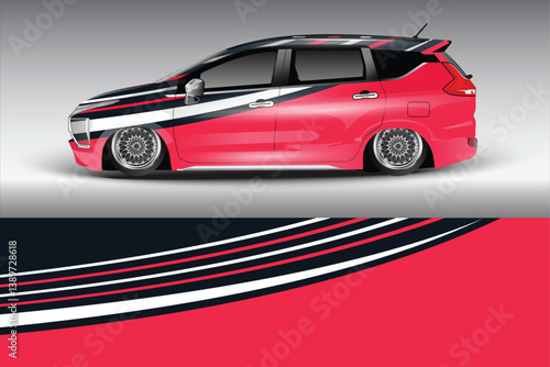 Sleek modified car with stylish graphics parked on a smooth surface, showcasing urban vibes