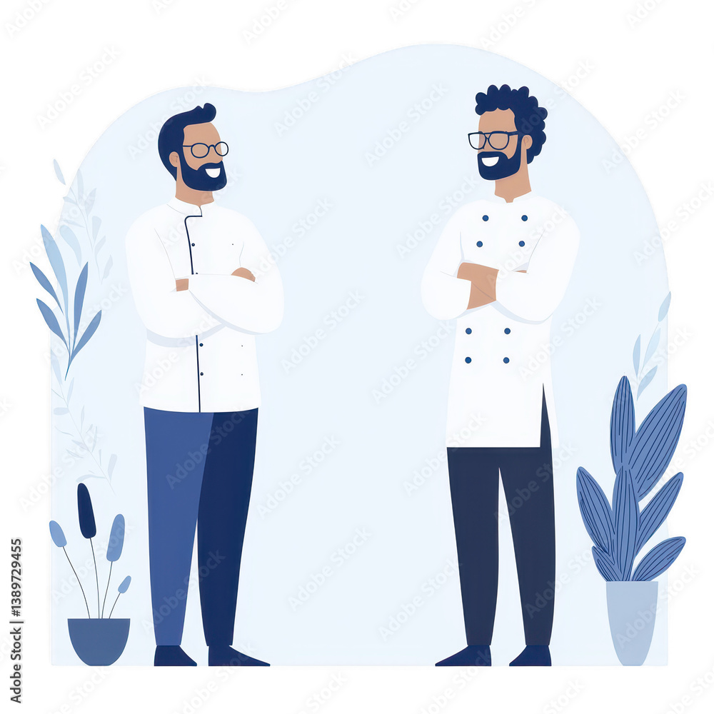Two chefs standing confidently, discussing culinary skills, surrounded by plants. Ideal for food-related themes and culinary arts. Two chefs standing confidently, discussing culinary skills, surrounded by plants. Ideal for food-related themes and culinary arts.
