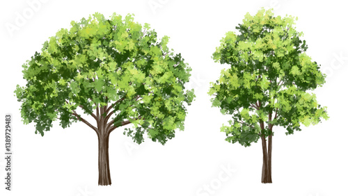  Vector watercolor green  tree or forest side view isolated on white background for landscape and architecture drawing,elements for environment or and garden,Shrub for section