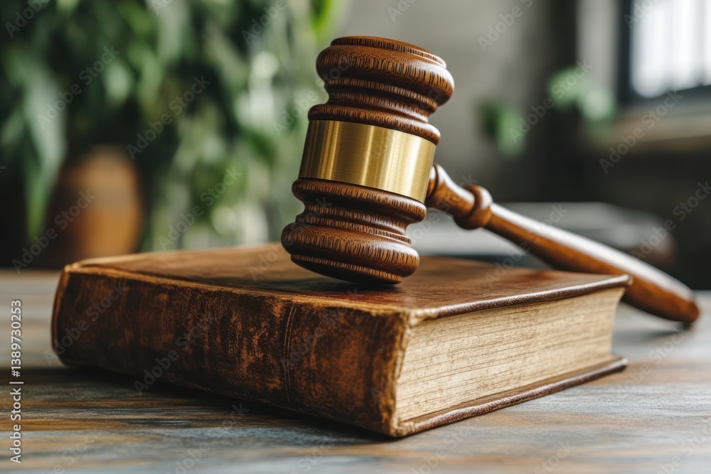 Wooden gavel resting on an old leather-bound book Wooden gavel resting on an old leather-bound book