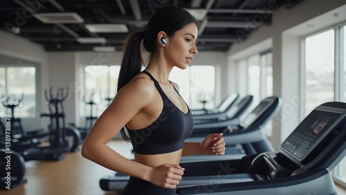Side view of a brunette woman wearing a sports top doing intense cardio exercises on a treadmill with wireless headphones, appearing to be running in an empty gym, highlighting her slim body