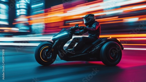 Dynamic Three Wheeled Motorcycle Speeding Through City Streets at Night with Blurry Neon Lights and Dark Silhouette in an Urban Setting