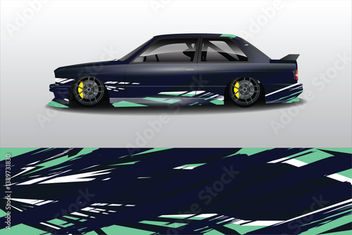 Sleek modified car with vibrant graphics parked against a minimalist background, showcasing automotive design