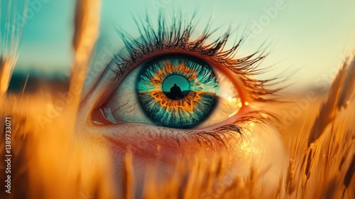 Close-Up of Vibrant Human Eye Surrounded by Nature's Golden Field