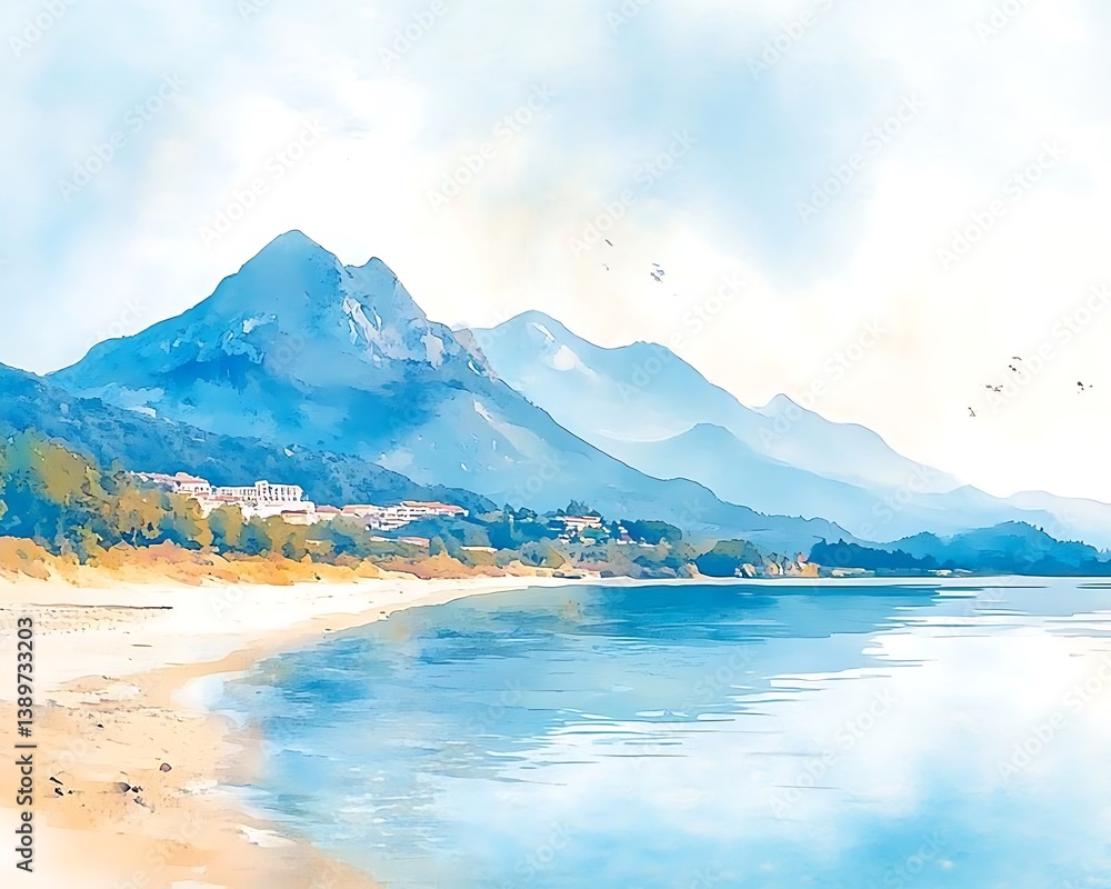 Naklejka premium A scenic watercolor painting depicting mountains and a tranquil lake