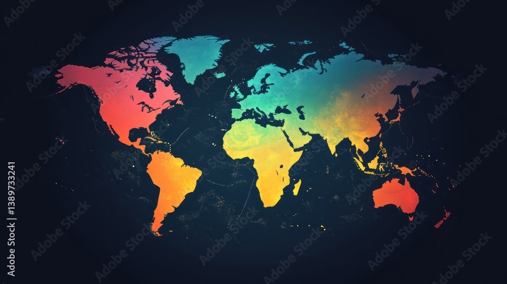 Fototapeta premium Vibrant chromatic world map featuring gradient effect continents on dark backdrop