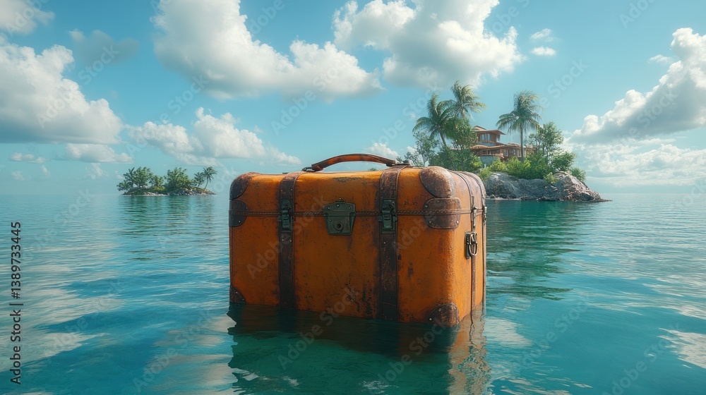 Fototapeta premium Antique suitcase floating island travel