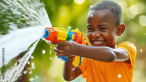 Happy traveler African boy wearing summer shirt holding colourful squirt water gun over blur tree, Water festival holiday concept