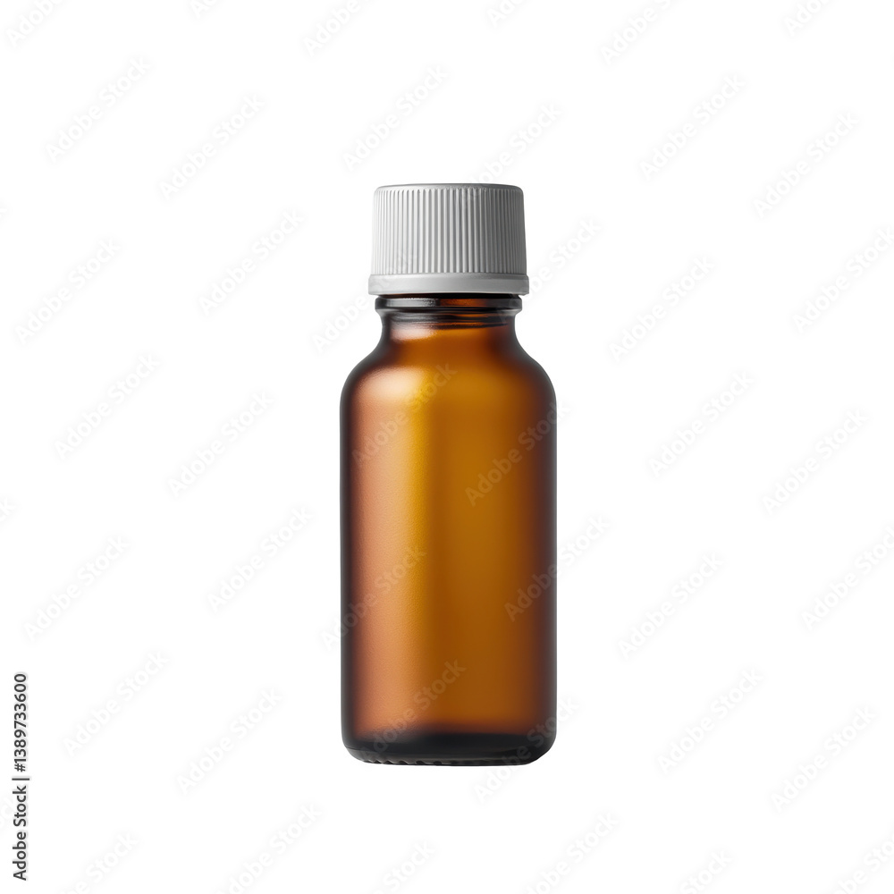 A simple amber glass bottle with a white screw cap, designed for storing liquids. A simple amber glass bottle with a white screw cap, designed for storing liquids.