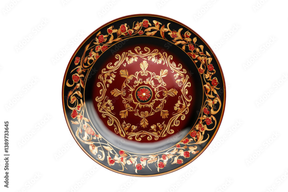 Elegant red and gold decorative plate intricate floral design rich dark background closeup view Elegant red and gold decorative plate intricate floral design rich dark background closeup view
