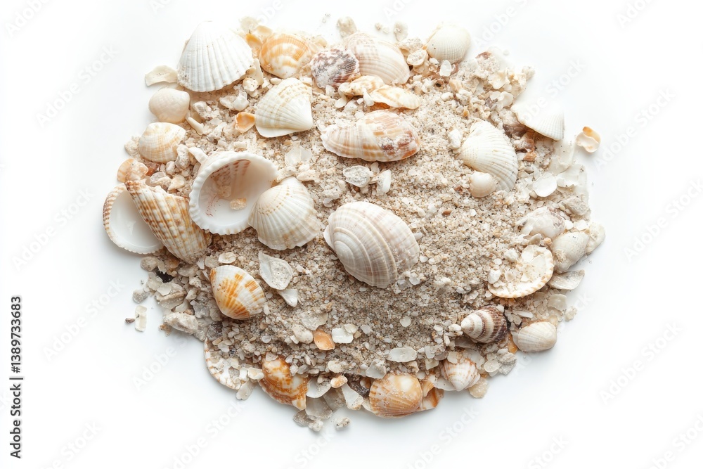 Seashells and sand pile summer beach memories ocean treasures coastal vibes light beige tones Seashells and sand pile summer beach memories ocean treasures coastal vibes light beige tones